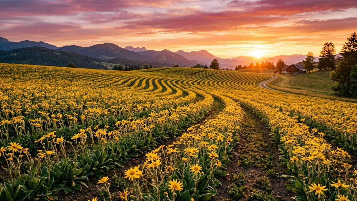 Rows of yellow flowers in a field with mountains beneath a colourful sunset.
