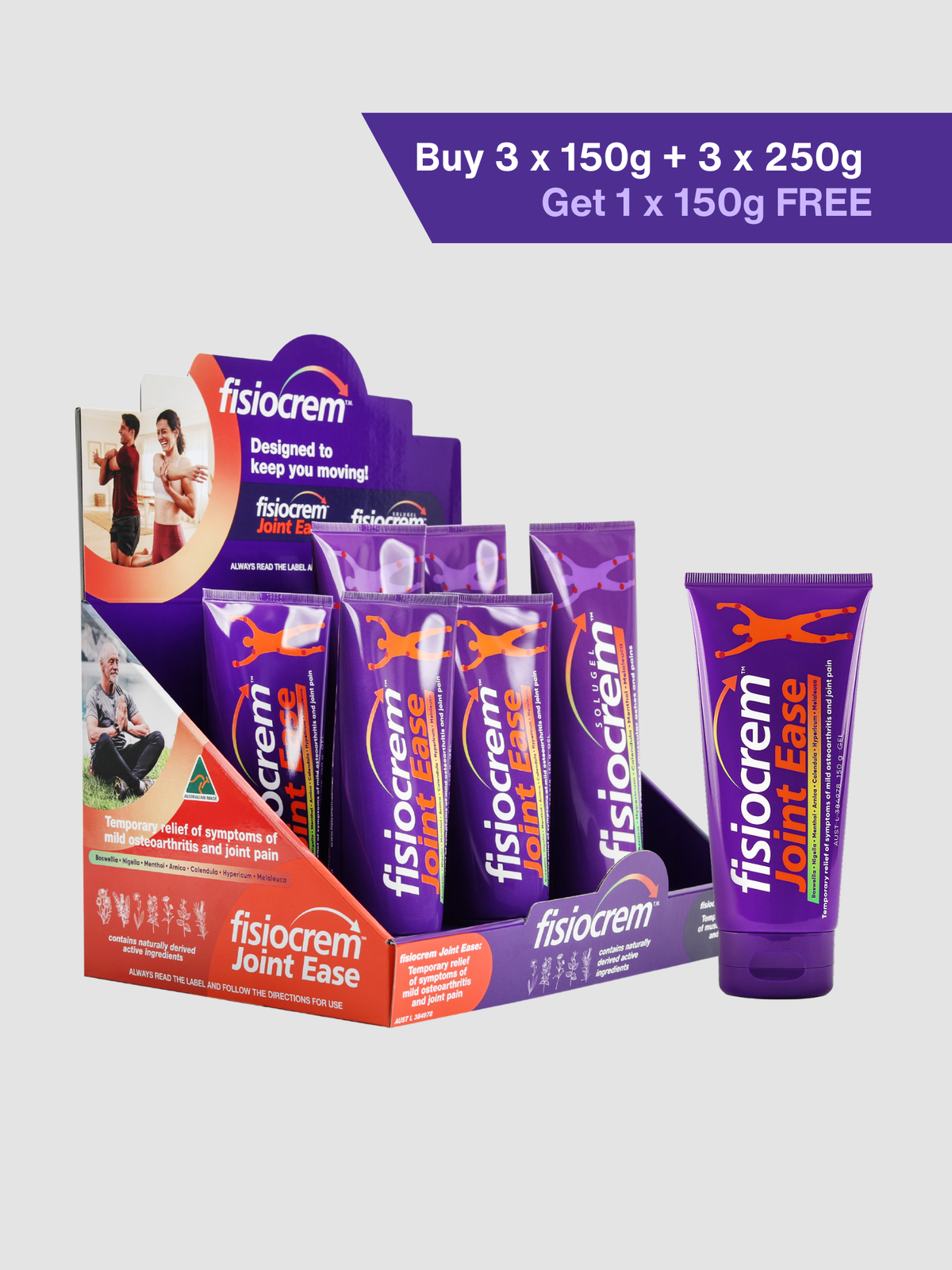 fisiocrem display offer: Buy 3 x 150g and 3 x 250g, get 1 x 150g free.