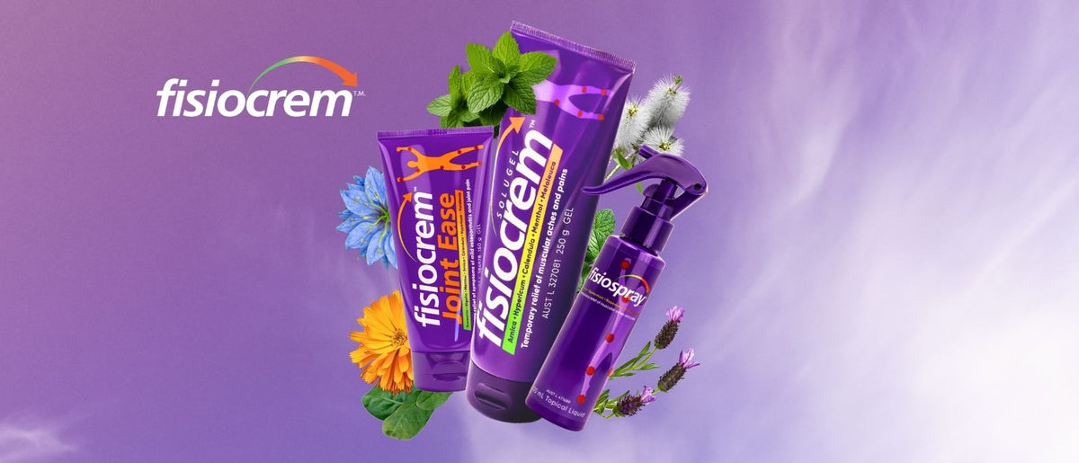 fisiocrem Joint Ease, Solugel and fisiospray with flowers and greenery against a purple background.