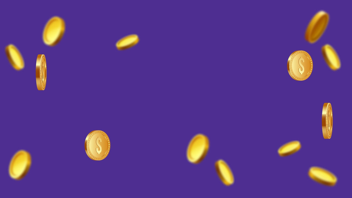 Gold coins floating against a purple background.