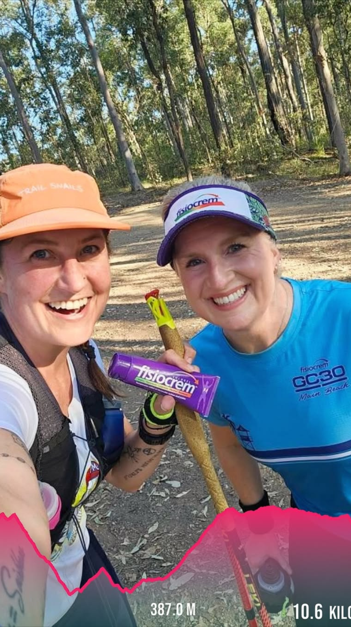 Two trail runners in woodland holding a fisiocrem Solugel muscle pain relief cream tube, with an activity graph overlaid.
